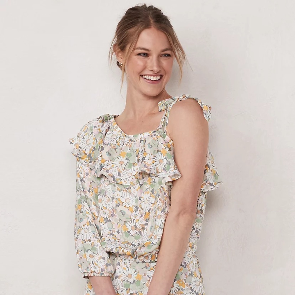 LC Lauren Conrad Daisy Floral Print Flowy Ruffle One-Shoulder Tie Top Size L
